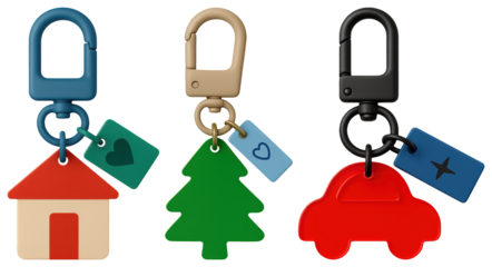 PNG Colorful keychains with unique shapes, element set on transparent background