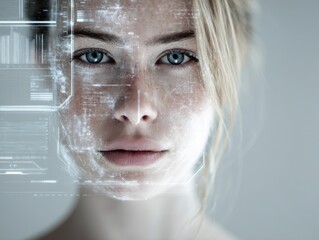 close-up of a woman's face with neutral expression looking directly at the camera with digital interface overlays on left side featuring graphs and data concept of technology innovation future