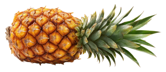 Whole ripe pineapple fruit with green leafy crown and golden skin isolated on transparent background