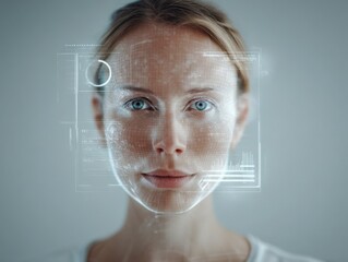close-up of woman's face with neutral expression and direct gaze into camera overlaid with digital interface elements on smooth gray background concept of technology data analysis biometric scanning
