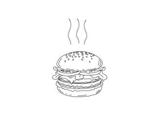 Hot Burger Illustration Collection. Steaming Cheeseburger Doodle Pack. Minimal Outline Food Icon Series. Classic Fast Food Line Art Bundle. Premium Burger Graphic Set.