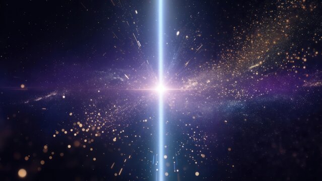 Celestial vista with brilliant light beam extending through the vast, star-speckled cosmos