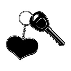 Black and white car key on heart keychain without background.