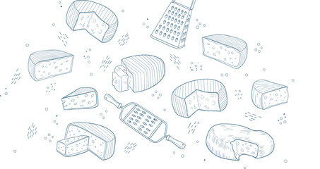 Seamless cheese pattern with assorted cheese types in hand drawn sketch vector style for food and packaging design