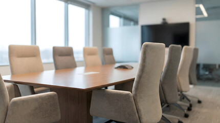 Empty modern conference room with wood table and chairs meeting room office