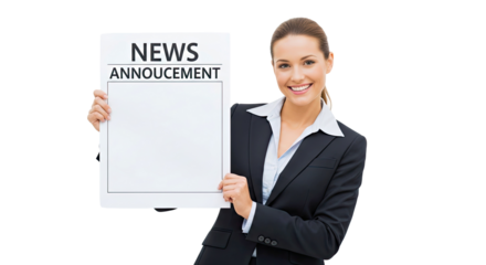News Announcement with A Confident Speaker: A poised woman, radiating professionalism, presents a news announcement, her smile reflecting confidence and authority.