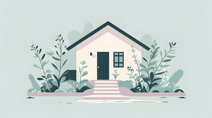 vector illustration of a minimalist modern house, clean geometric shapes, flat colors, sharp lines, large glass windows, white facade, high-detail 