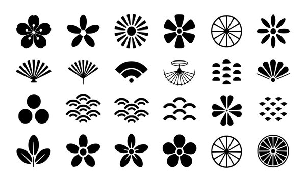 Set of Traditional Japanese Icons and Symbols, Black Vector Graphics Featuring Cherry Blossoms, Folding Fans, Seigaiha Waves, and Geometric Floral Motifs for Culture and Design