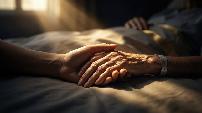 Young hand comforting elderly patient holding hands in hospital bed with sun rays. Compassionate palliative care and support for sick senior with wristband.