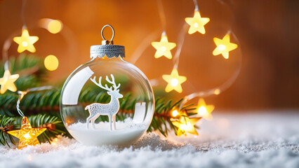 Transparent glass Christmas ornament with white reindeer silhouette and snow inside. Warm golden star lights and fir branches background.
