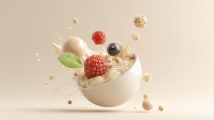 Healthy breakfast bowl with fresh berries, nuts, and mint falling into creamy cereal, capturing dynamic motion