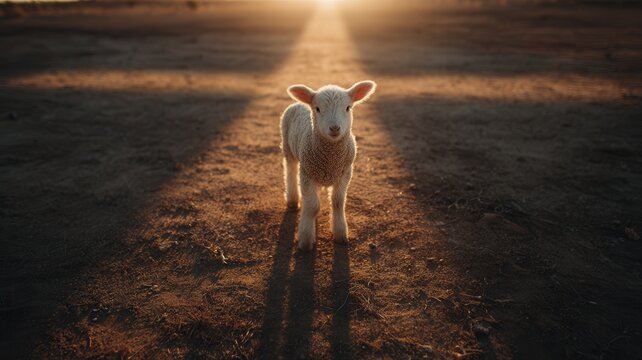 Innocent lamb standing on cracked earth, looking at a cross shadow representing faith, guidance, and redemption
