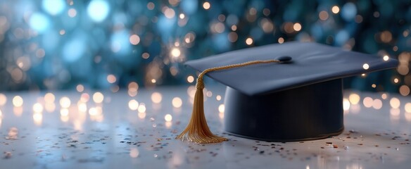 Graduation cap celebrating academic success, sparkling with golden stars and festive glitter lights