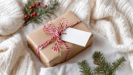 Handcrafted gift box with blank tag and festive string bow on cozy knitted blanket, celebrating winter holidays