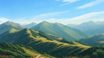Naklejka premium Green mountain ridges stretch into the distance under a bright blue sky, pathway in foreground