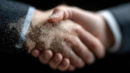 Businessmen shaking hands signifying global partnership, international agreement, collaboration and digital networking