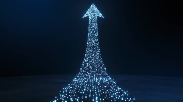暗い空間の中で、光の粒子が集まり、矢印の形をゆっくりと形成していきます。
完成した矢印は前方へと加速し、鋭い意志と集中力を表現します。