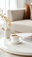 Obraz premium Coffee cup with latte art on marble table in cozy bright living room, enjoying morning hot drink at home