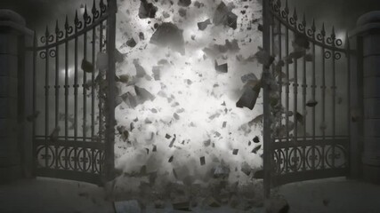 重く閉ざされた鉄の門が粉塵となって崩れ去り、その背後から強烈な白い光が広がります。
暗い空間と爆発的に拡張する光のコントラストが、決断の瞬間を強調します。