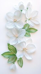 Obraz premium White flowers and green leaves artfully arranged on a clean background, symbolizing purity and renewal