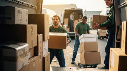 Professional delivery team efficiently loads cardboard boxes into a white shipping van. Men are transporting packages, demonstrating teamwork, logistics, and relocation services.