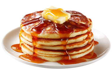 Fluffy stack of breakfast pancakes with melting butter and sweet golden syrup isolated on transparent background