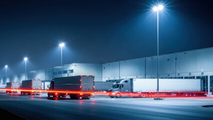 Semi-trucks moving and parked at a large modern logistics warehouse with multiple loading docks at night. Bright streetlights illuminate the industrial scene, showing efficient freight transportation.