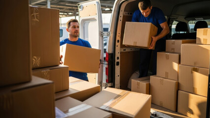 Two professional male workers actively load brown cardboard boxes into a white delivery van. This scene captures efficient logistics, shipping, and moving services outdoors.