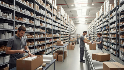 Warehouse team efficiently packs customer orders for shipping. Workers scan products, prepare boxes on a conveyor belt in a large, organized distribution center.