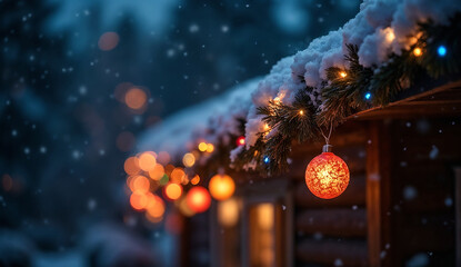 Christmas decorations on a snowy roof at night