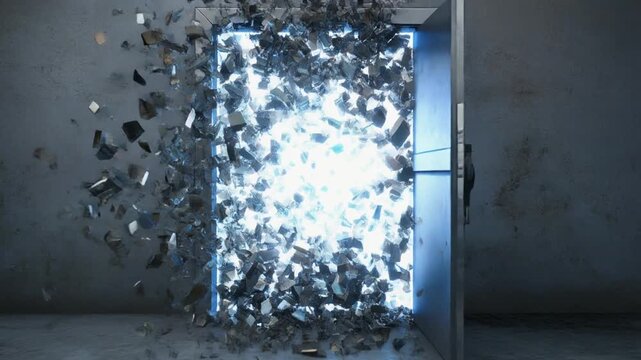 重厚な金属の扉が粒子となって崩れ、その向こうにまばゆい光の空間が広がります。
暗い手前と明るい奥の強いコントラストが変化の瞬間を際立たせます。