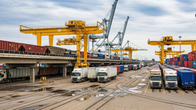 Large yellow gantry cranes stand tall at a busy intermodal freight terminal. Trucks, containers, and train wagons are ready for global transportation and cargo logistics operations.