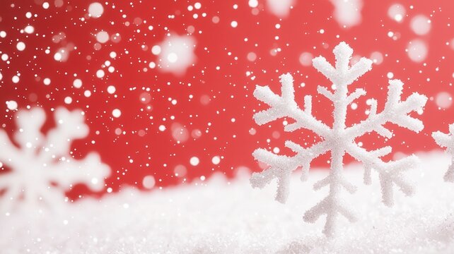 Snowflake decoration standing in glistening snow, falling snow and festive red bokeh lights creating a holiday background - Powered by Adobe