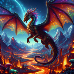 dragon in the night sky flying landscape fantasy color