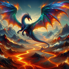 Dragon fantasy landscape beautiful color with lava