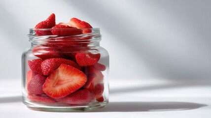Glass jar filled with vibrant red dried strawberry pieces, one whole dried berry sitting alongside on a clean background