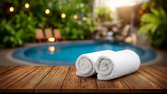 Fresh towels placed on wooden table near swimming pool surrounded by plants and lounge chairs in the afternoon light