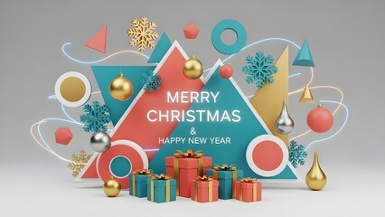 Vibrant geometric shapes in bold modern colors (teal, coral, gold, white) arranged around realistic Christmas elements: shiny ornaments, 3D snowflakes, neon light lines, gradient glow effects
