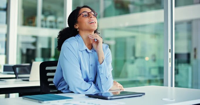 Laptop, thinking and business woman on break in office with financial solution, typing or idea. Computer, smile and investment advisor with thoughts for planning, vision or insight with complete task