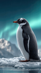 Obraz premium Penguin standing on ice under aurora, snowy mountain background, serene winter landscape, arctic wildlife scene