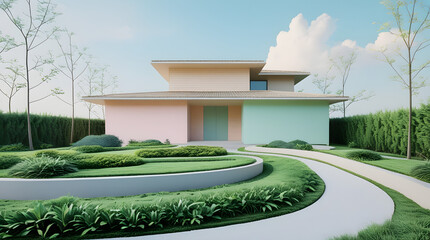 vector illustration of a minimalist modern house, clean geometric shapes, flat colors, sharp lines, large glass windows, white facade, high-detail 