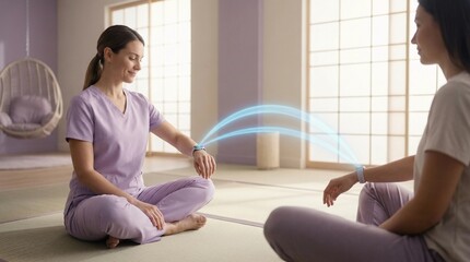 Two women meditating with wearable devices sharing data