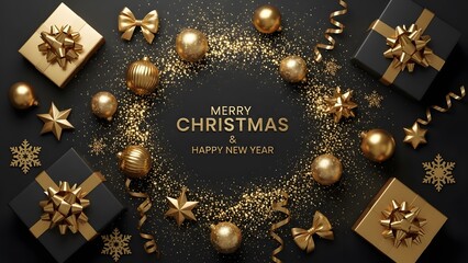 luxury Christmas and New Year greeting card with matte black background, metallic gold ornaments, glossy ribbon bows, sparkling gold confetti explosion, shiny gift boxes with reflections