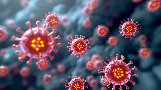 Microscopic view of multiple red and orange virus particles floating in a cloudy bluish environment.