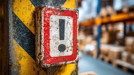 Caution notice with attention typography on a metal door amid industrial shelving and warm daylight