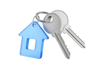 House keys with blue house-shaped keychain, isolated on a white background