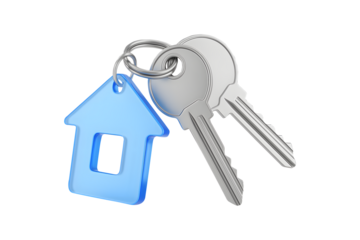 House keys with blue house-shaped keychain, isolated on a white background