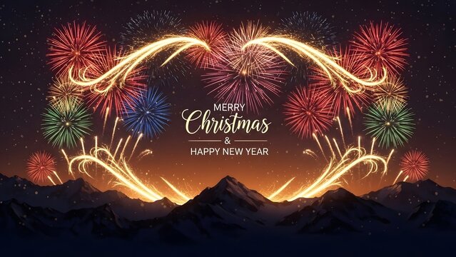 night sky with fireworks illuminating the background, snowy mountain silhouette, glowing golden spark trails forming elegant frame around the text “Merry Christmas & Happy New Year” - Powered by Adobe