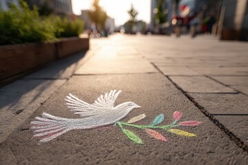 Chalk-drawn dove with olive branch on sunlit sidewalk symbolizing peace
