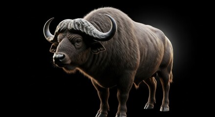 3D render of a detailed African Buffalo with massive horns, on a black background